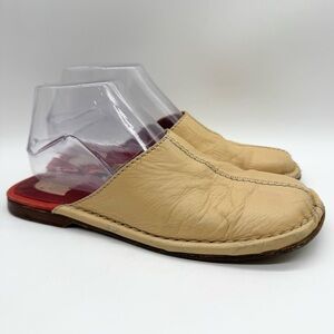 Vintage Anna Sui Square Toe Leather Mule Flats Tan Size 37.5 Retro 70s Y2K Artsy